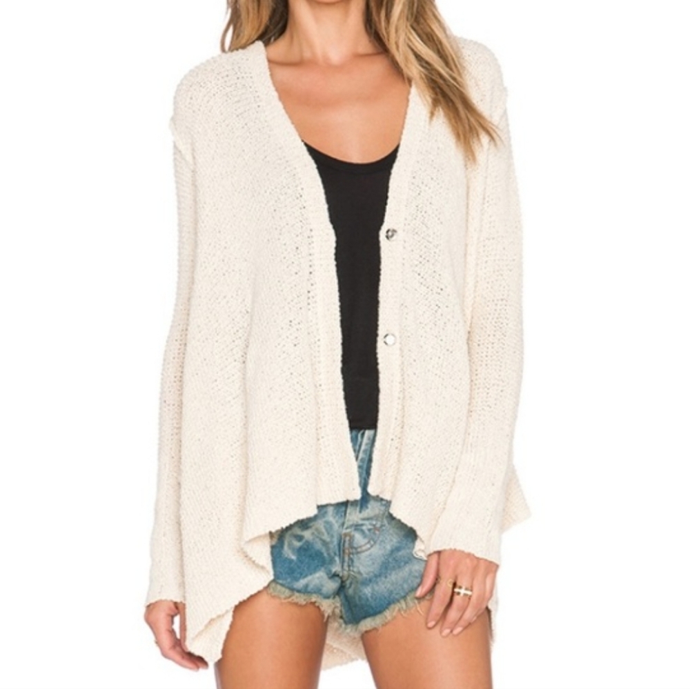 Free People Ivory Chunky Shark Bite Hem Slouchy Knit Oversized Cardigan Sz S